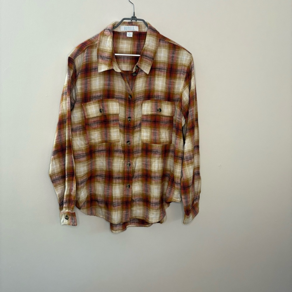 Bunulu Women’s Large Cream Orange Button Down Shirt Classic fall plaid cozy